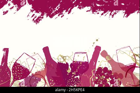 Elegant wine background design. Wide banner with illustration of wine bottles and glasses and golden details. Elegant background for promotion of part Stock Vector