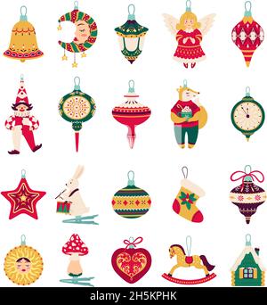 Christmas tree decorations and toys, xmas balls with ornaments. Cute winter holiday hanging decoration, retro new year tree toy vector set. Angel, fox, house and rabbit with drums decor Stock Vector