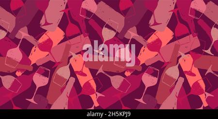 background illustration for wine designs. Hand drawn of wine glasses and bottles. Red wine color. Background for web banners, backdrops, covers, prese Stock Vector