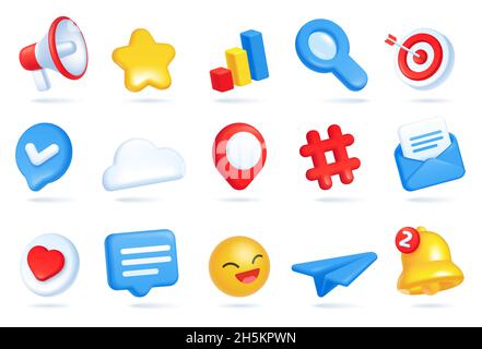 3d social media icons, digital marketing and advertising icon. Heart like, megaphone, emoji, bell notification, chat bubble symbols vector set. Magnifying glass, envelope with letter Stock Vector
