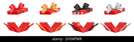 Vector set of unfolded red gift boxes with different color ribbons, isolated on white background. Stock Vector