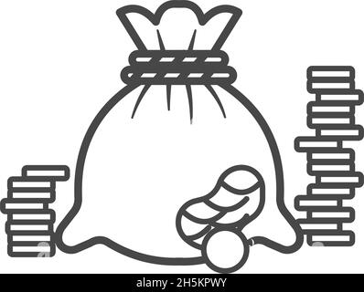 Torn money bag with coins and piles of coins. Savings, banking, money, finance, loan concept. Outline thin line illustration. Isolated Stock Vector