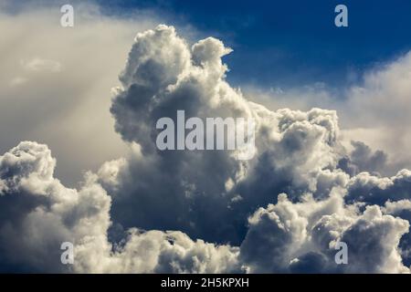 Close-up of dramatic storm clouds with blue sky in the background; Calgary, Alberta, Canada Stock Photo