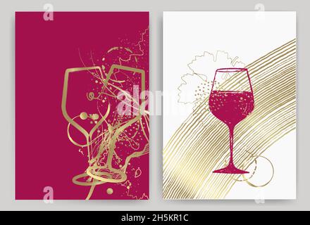 set of wine designs with illustration of wine glass and ornamental shapes. Elegant background for wine promotions and events, Christmas card, toasts a Stock Vector