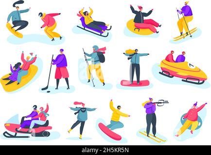 Winter sports activities, people having fun skiing and snowboarding. Professional skiers and snowboarders, winter season activity vector set. Playing hockey and doing extreme sport Stock Vector