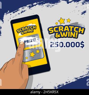 Illustration of hand playing scratch card on the black mobile. Idea for online gambling promotion. Background with scratching effect. Scratch & win te Stock Vector