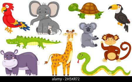 Cartoon jungle animals, wild african animal characters. Cute monkey, giraffe, elephant, toucan, zebra, koala, savannah wildlife vector set. Childish tropical creatures with smiley faces Stock Vector