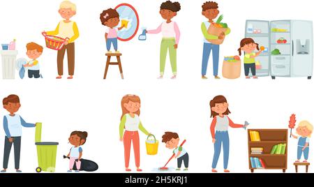 Cartoon children helping with housework, parents with kids cleaning house. Family doing laundry, mopping floor, taking out garbage vector set. Boys and girls having domestic responsibilities Stock Vector