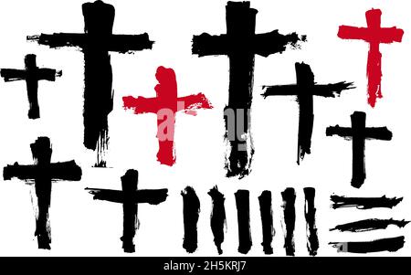 Cross drawing. Hand drawn cross. Religious symbol. Set of grunge style strokes. Vector thick lines. Illustration Stock Vector