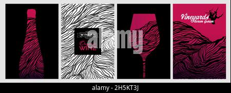 Set of design templates with wine glass and bottle illustration. Creative and artistic background texture with lines that simulate the skin of a grape Stock Vector