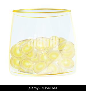 Glass cup with coins isolated on white background. Money in golden mug.Jar full cash. Saving account, investing, financial concept.Vector illustration Stock Vector