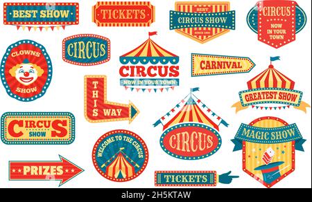 Circus labels, carnival signs and badges, funfair signboards. Vintage magic show sign, amusement park or festival event emblems vector set. Carnival, prizes and tickets pointers, festival advert Stock Vector