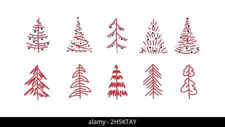 Christmas tree vector elements set, hand-drawn fir trees for new year design Stock Vector