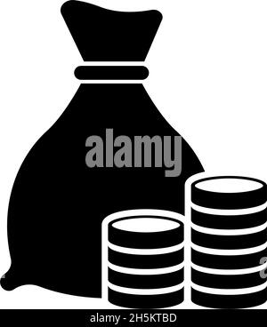 Stacks of Coins and Money Bag, Investment. Flat Vector Icon illustration. Simple black symbol on white background. Stacks of Coins and Money Bag sign Stock Vector