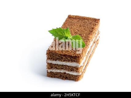 Portion  of delicious chocolate cake isolated on white Stock Photo