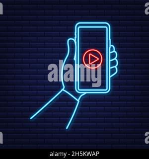 Video smartphone, great design for any purposes. Live video streaming. Web design. Digital device neon. Vector stock illustration Stock Vector