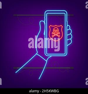 Attack. Smartphone with speech bubble and skull and crossbones on screen. Threats, mobile malware, spam messages neon. Vector stock illustration Stock Vector