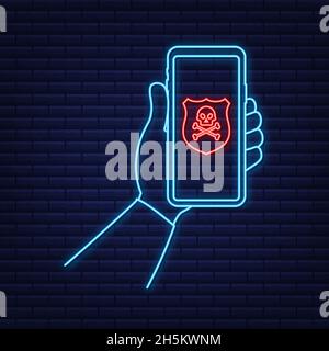 Attack. Smartphone with speech bubble and skull and crossbones on screen. Threats, mobile malware, spam messages neon. Vector stock illustration Stock Vector
