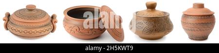 Set of clay pots with lids isolated on white background. Collage. Free ...