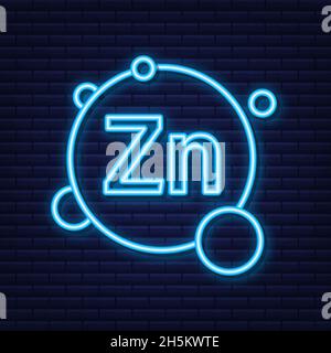 Zn, zinc for healthcare neon sign. Vitamin complex. Healthcare concept. Food concept. Organic food icon. Vector stock illustration. Stock Vector