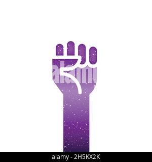 Fist hand up with universe texture. Vector illustration, flat design Stock Vector