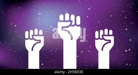Fists hands up. Star universe background. Vector illustration, flat design Stock Vector