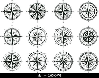 Vintage rose wind compass, sea boat navigation skipper compass. Sea wind rose old marine navigation compass vector symbols set. Retro marine nautical Stock Vector