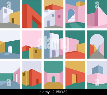 Abstract modern building, minimal architecture geometric shapes covers. Minimal architectural building posters vector illustration set. Modern Stock Vector