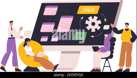 Program development, software engineering and game design concept. Javascript programmers and script writers vector flat illustration. Software Stock Vector