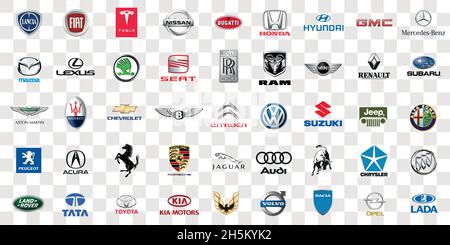 Kiev, UKRAINE - November 12, 2021: Logos collection of different brands of cars, vector on transparent Stock Vector
