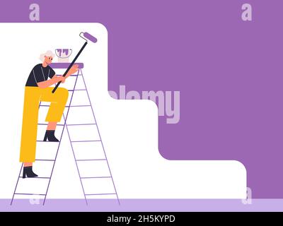 Painter painting wall, home repair service worker. House renovation, facade or interior repair service work vector flat illustration. Painter work Stock Vector