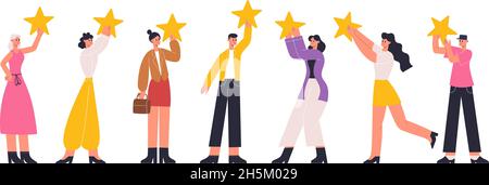 Small characters holding big gold rating stars. People hold stars, positive rating, customers feedback or good review metaphor vector flat Stock Vector