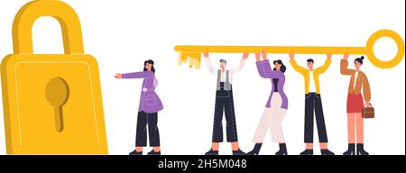 Tiny people carry giant golden key, success teamwork concept. Business characters hold golden key, unlock new opportunities vector illustration Stock Vector