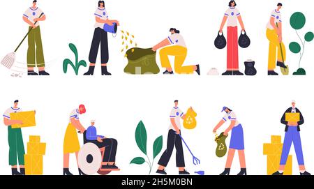 Volunteers, charity social workers collecting trash and help elderly people. Young charity social workers volunteering vector illustration set Stock Vector