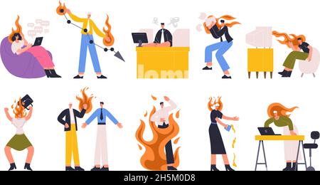 Conflict, stress situations, people in fire at work or at home. Stressed, angry, argue chaotic characters vector illustration set. Emotional people in Stock Vector