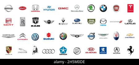 Kiev, UKRAINE - November 22, 2020: Logos collection of different brands of cars, isolated on white Stock Photo