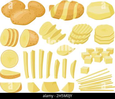 Cartoon potato, raw sliced potatoes, french fries, chips. Potatoes vegetable products, chopped and peeled potatoes vector illustration set. Ripe Stock Vector