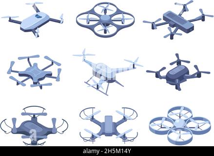Isometric drones, flying quadcopter with remote controllers. Remote control, unmanned aerial drones vector illustration set. Electronic quadcopters Stock Vector
