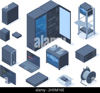 Isometric data center, network technology and hosting servers equipment. Network server room, cloud database station vector illustration set. Computer Stock Vector