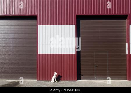 White ceramic dog sculpture stands between two doors of a burgundy painted metal garage Stock Photo