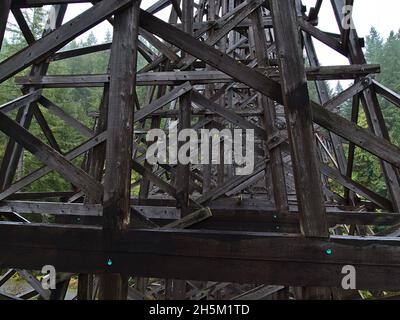 Closeup view of weathered wooden planks of railroad bridge Kinsol Trestle between forest on cloudy day in autumn on Vancouver Island, BC, Canada. Stock Photo