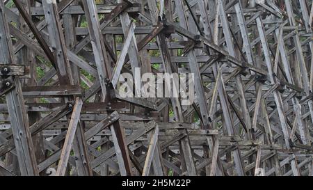 Closeup view of the historic railway bridge Kinsol Trestle with weathered wooden planks located on Vancouver Island, British Columbia, Canada. Stock Photo