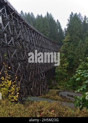 Beautiful landscape with portrait view of historic wooden railway bridge Kinsol Trestle located on Vancouver Island, British Columbia, Canada. Stock Photo