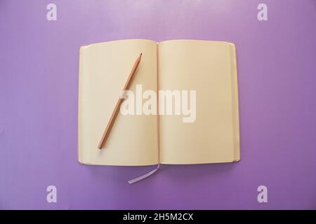 Blank notebook page, top view of blank open notebook isolated on purple background. Stock Photo
