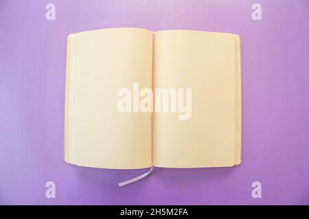 Blank notebook page, top view of blank open notebook isolated on purple background. Stock Photo