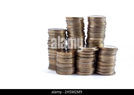 Turkish lira coins, stack of Turkish lira coins isolated on white background. Stock Photo
