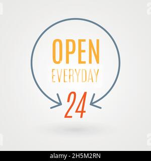 "24 hours" icon. Concept of 24/7, open 24 hours, customer service, emergency, open around the clock, call center, open everyday. Vector illustration, Stock Vector