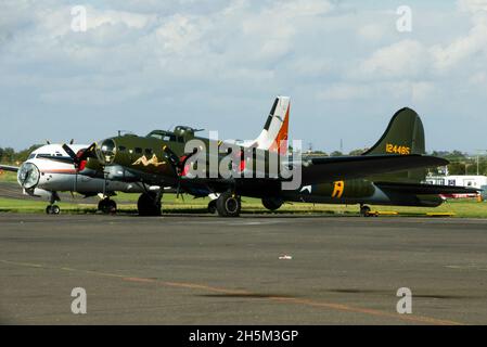 Sally B, Boeing B-17 Flying Fortress, rolled out after repaint by Air Livery at London Southend Airport, Essex, UK, in 2006. Dark olive drab paint Stock Photo