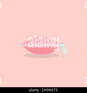 Lips zipped. Woman's mouth with zipper closing lips shut. Concept of shut up, keeping quiet. Vector illustration, flat design Stock Vector