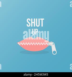 Lips zipped. Woman's mouth with zipper closing lips shut. Concept of shut up, keeping quiet. Vector illustration, flat design Stock Vector